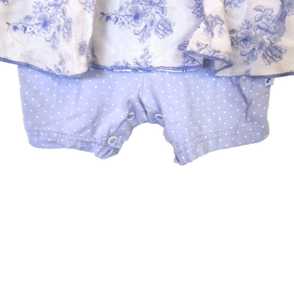 VITAMINS KIDS White and Light Blue Ruffle Romper with Floral/Small Town Patter - Picture 3 of 6